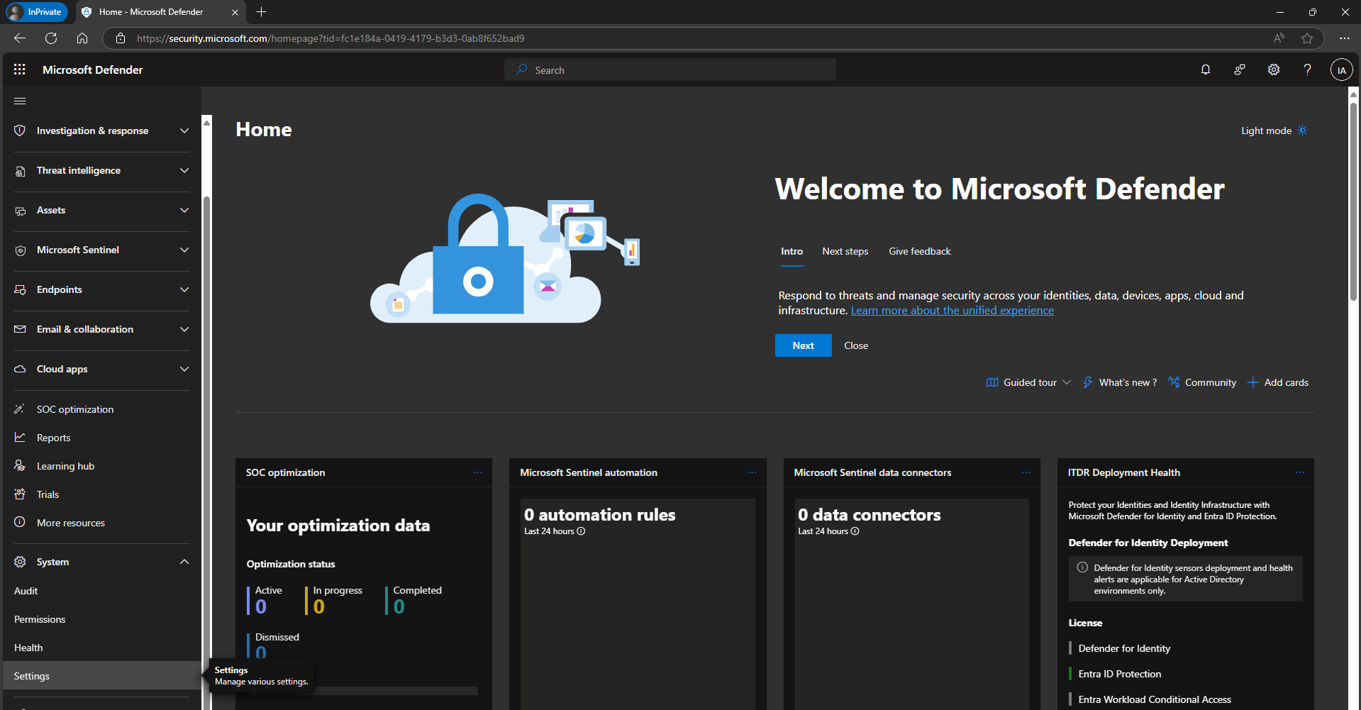 Microsoft Defender home page with the Settings option highlighted in the bottom-left navigation