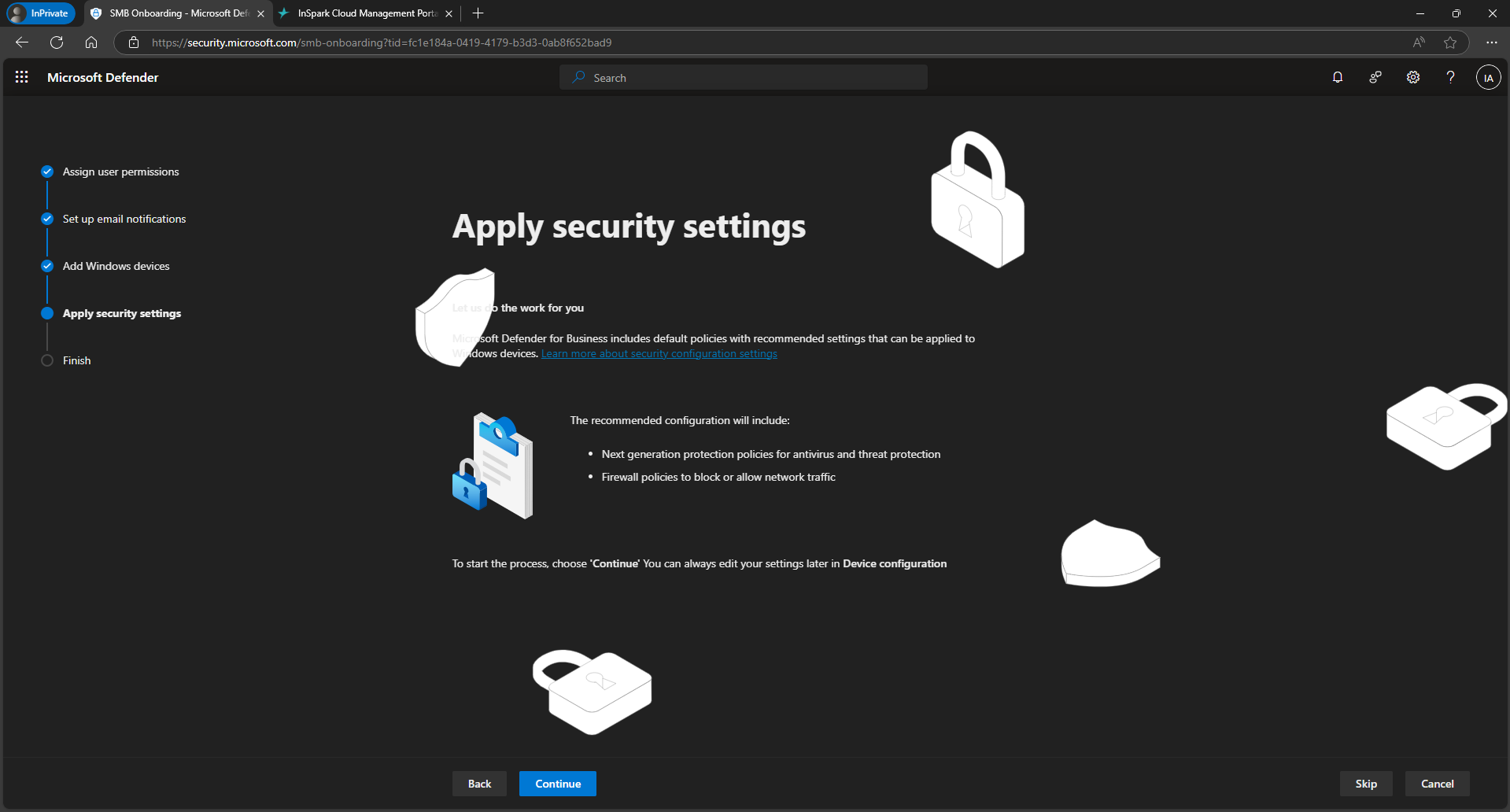 "Apply security settings" wizard step with the Skip button