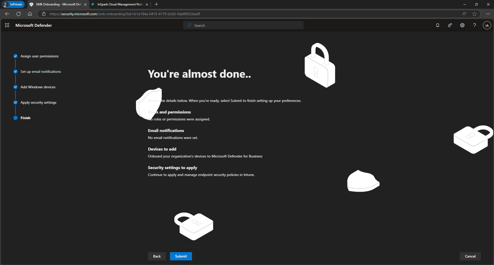 "You're almost done" review step summarizing the wizard choices, with the Submit button