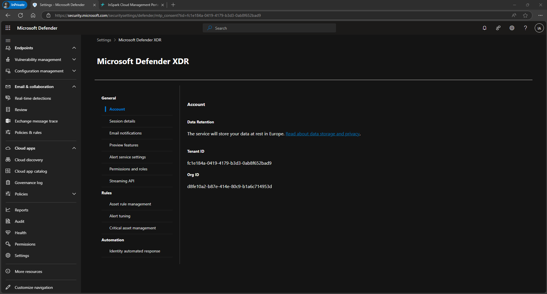 Microsoft Defender XDR account settings showing the Tenant ID, Org ID, and Data Retention region