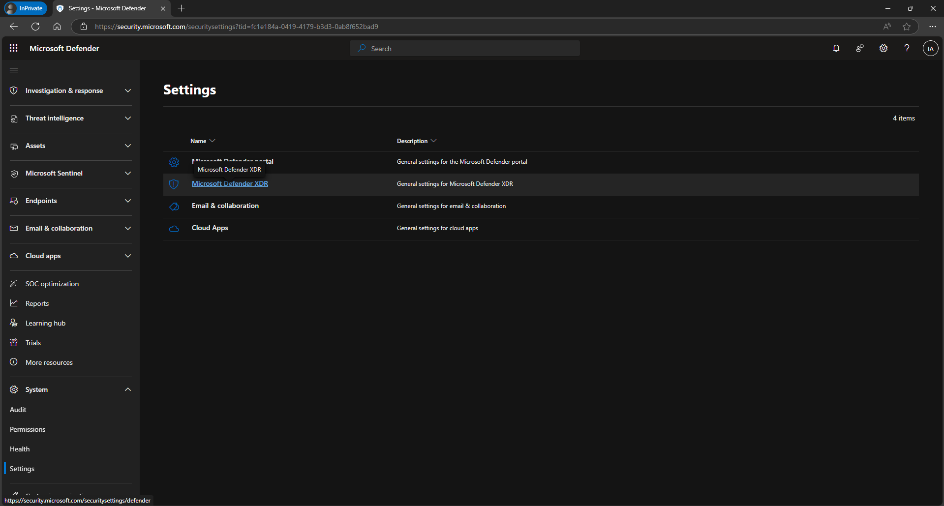 Settings page listing Microsoft Defender XDR among the available settings categories