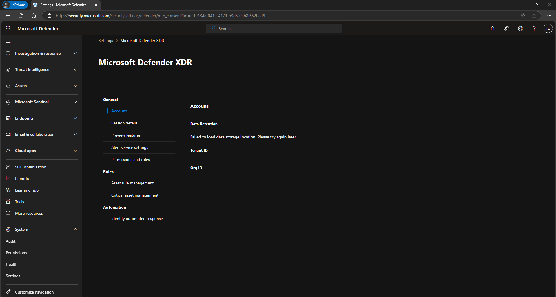Microsoft Defender XDR account settings page showing the "Failed to load data storage location" error under Data Retention