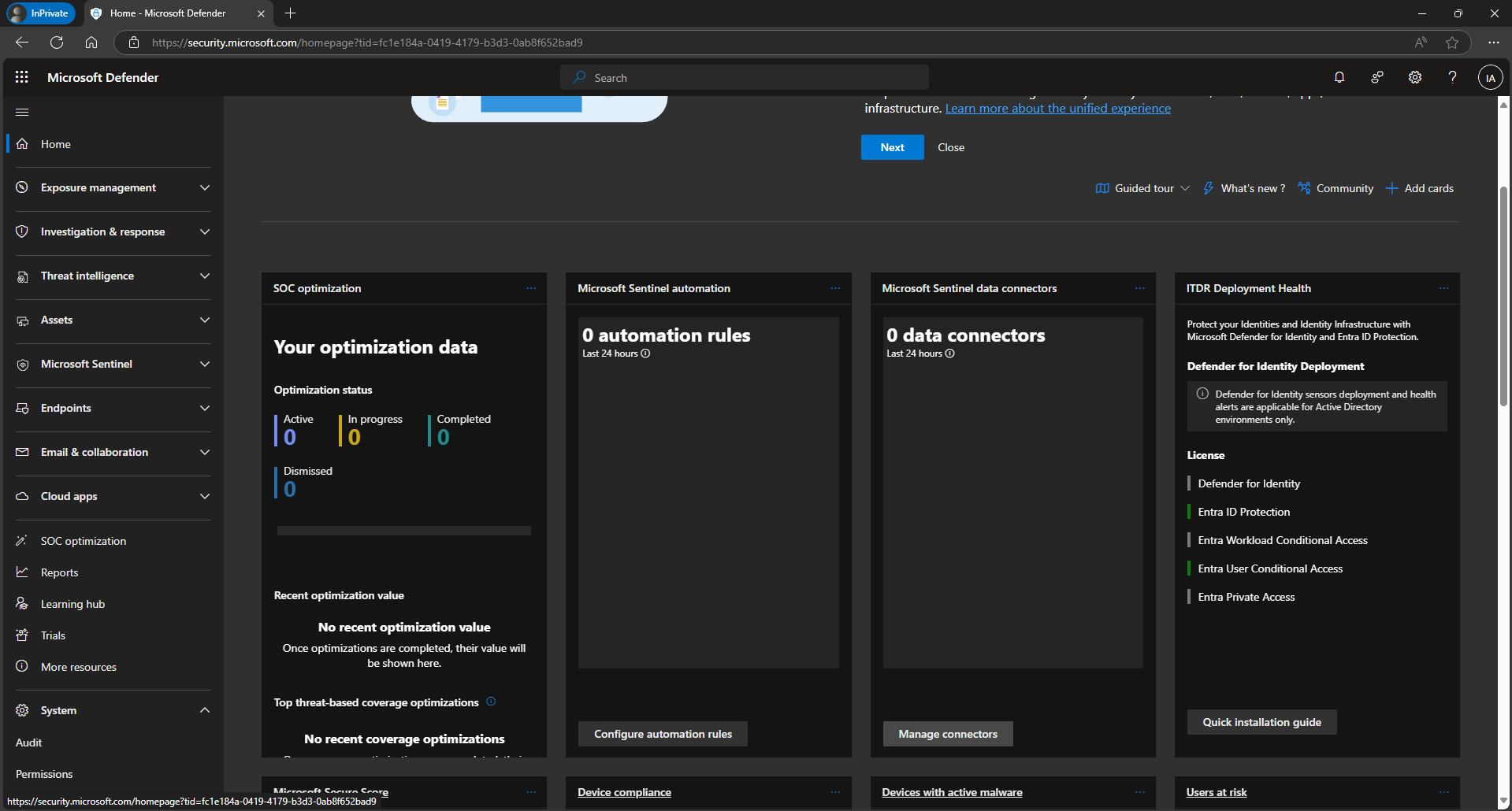 Microsoft Defender home page with the Manage connectors button under Microsoft Sentinel data connectors