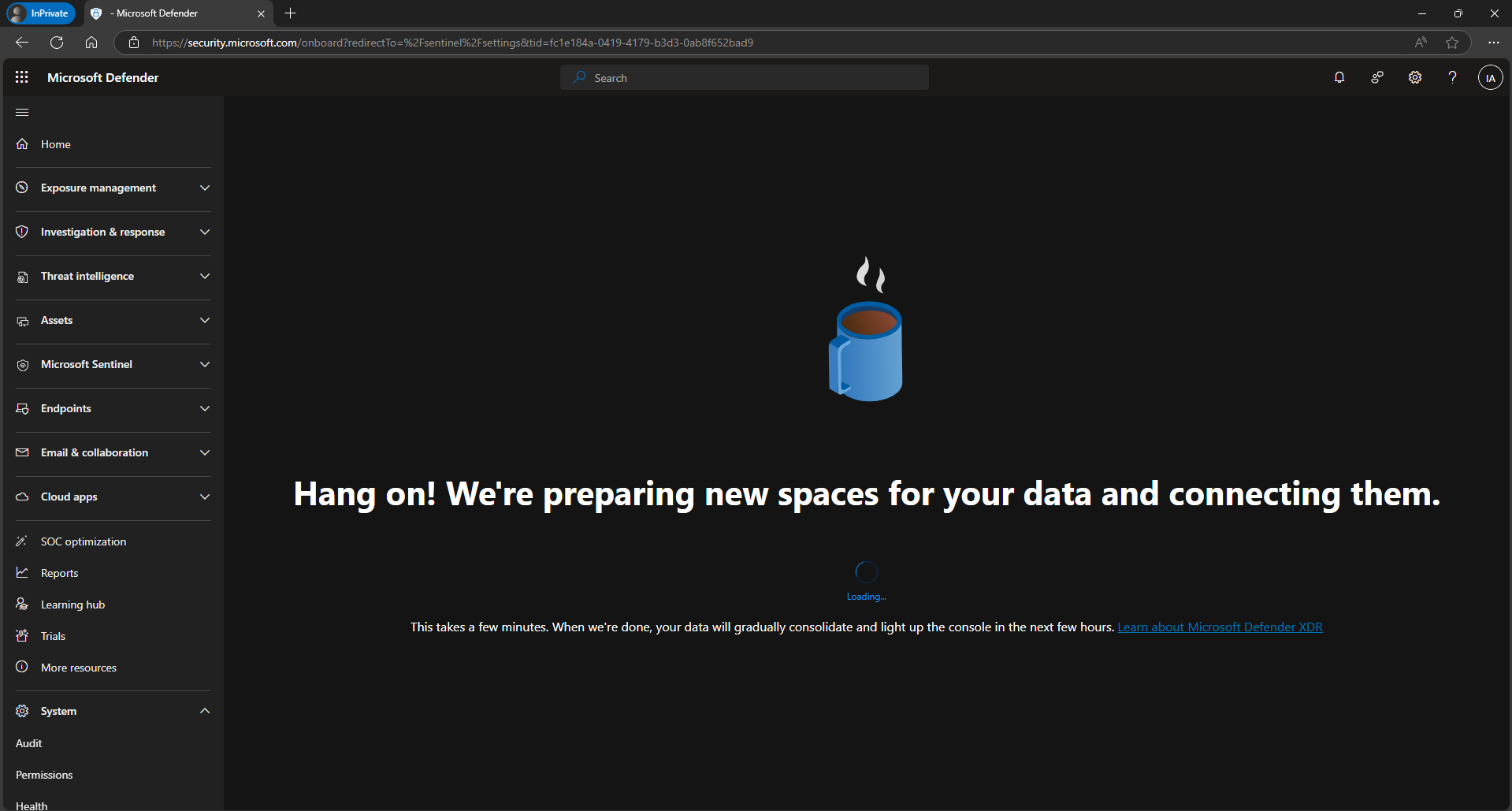 "Hang on! We're preparing new spaces for your data and connecting them" loading screen