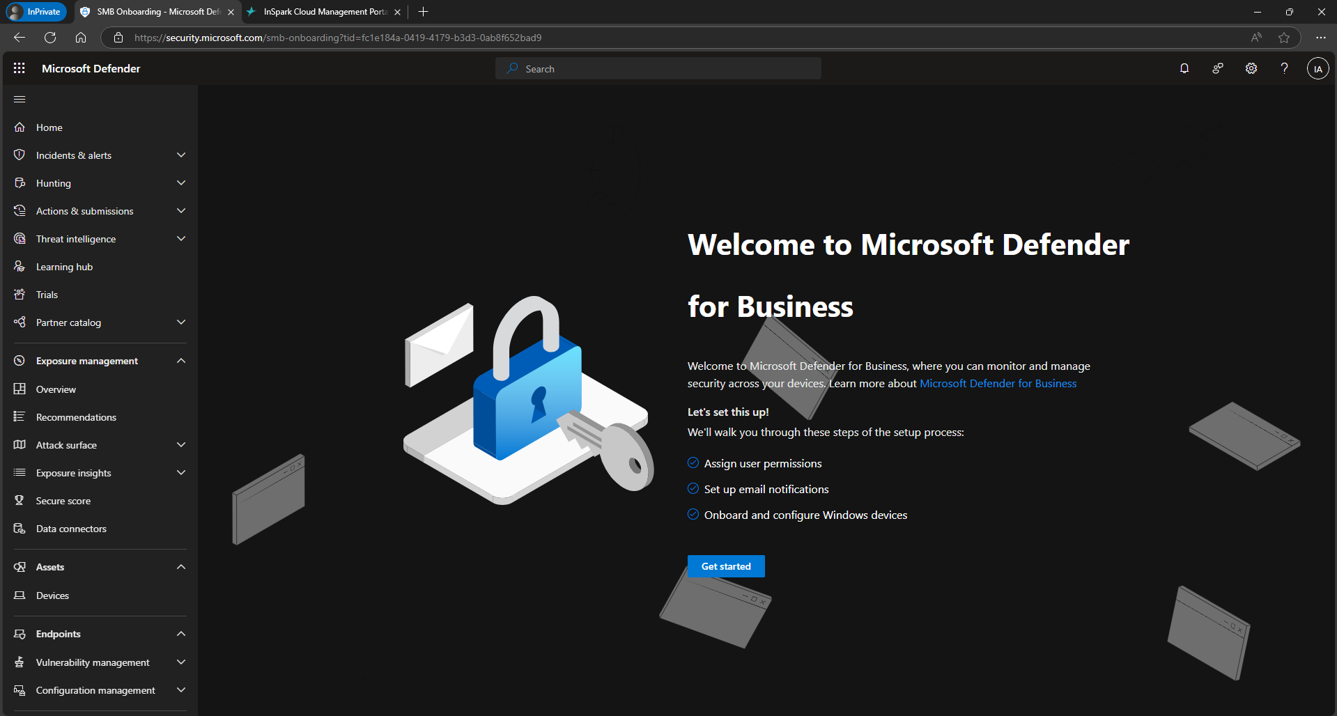"Welcome to Microsoft Defender for Business" setup wizard with the Get started button