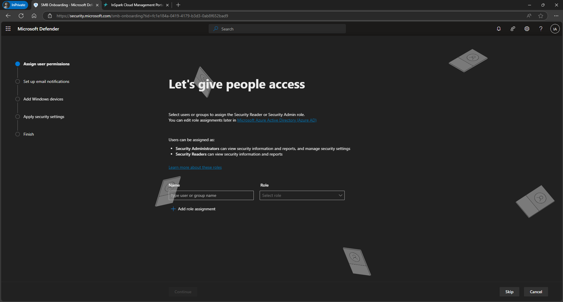 "Let's give people access" wizard step for assigning user permissions, with the Skip button in the bottom-right corner