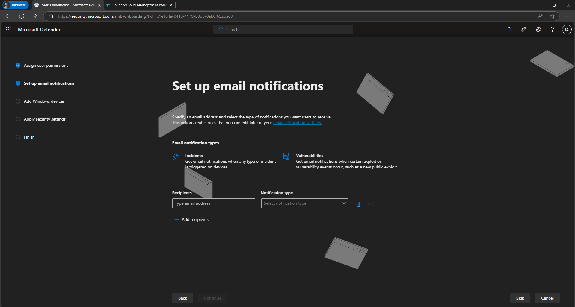 "Set up email notifications" wizard step with the Skip button
