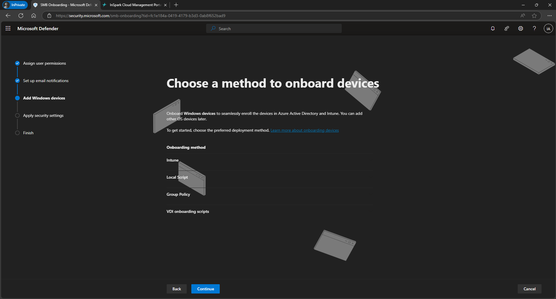 "Choose a method to onboard devices" wizard step with the Continue button